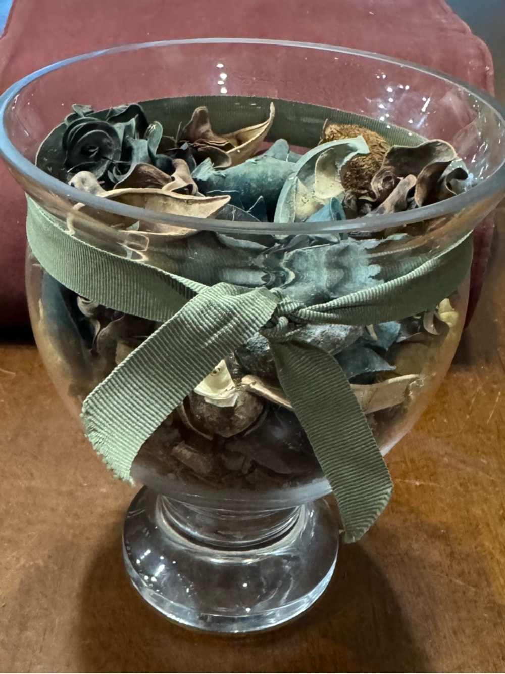 Decorative Glass Pedestal Bowl with Green Ribbon and Natural Potpourri